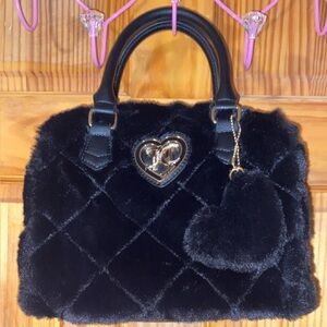 Juicy Couture Black  Faux Fur Shoulder Bag with Heart Charm